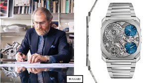 Bulgari’s product-creation executive director, Fabrizio Buonamassa Stigliani; Bulgari Octo Finissimo Ultra in platinum.