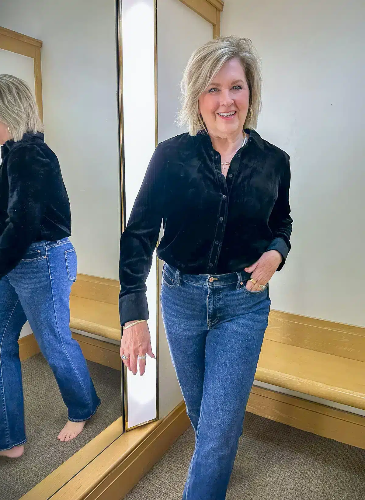 Tania Stephens wearing a trendy Velvet Button down Winter 2024