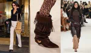 Bella Hadid carries Valentino Garavani's new Nellcôte handbag, Isabel Marant fall 2024, Chloé fall 2024, fringe, trend, horse girl, boho, runway, cowboy core