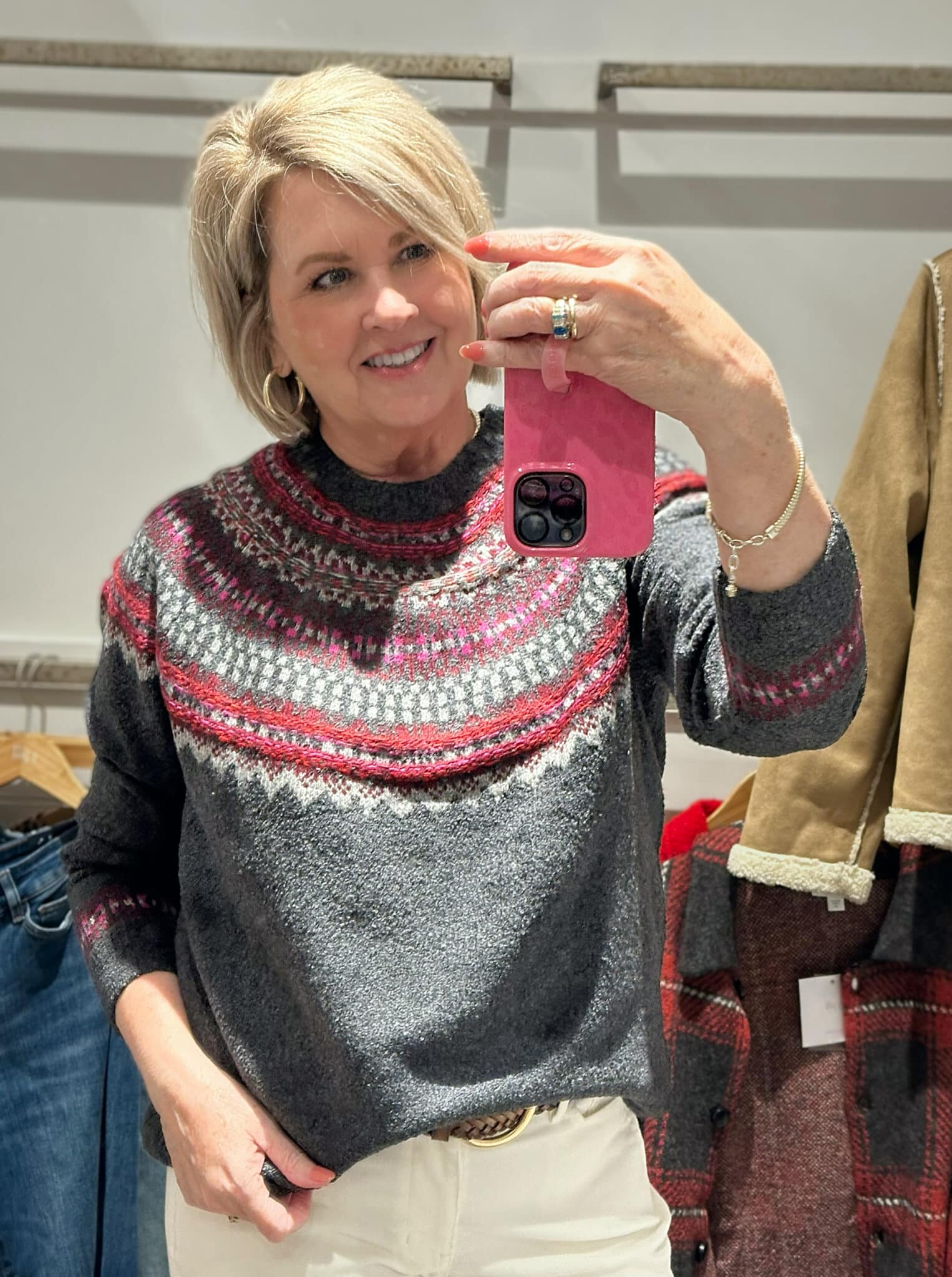 Tania Stephens wearing a Fair Isle sweater from J.Jill