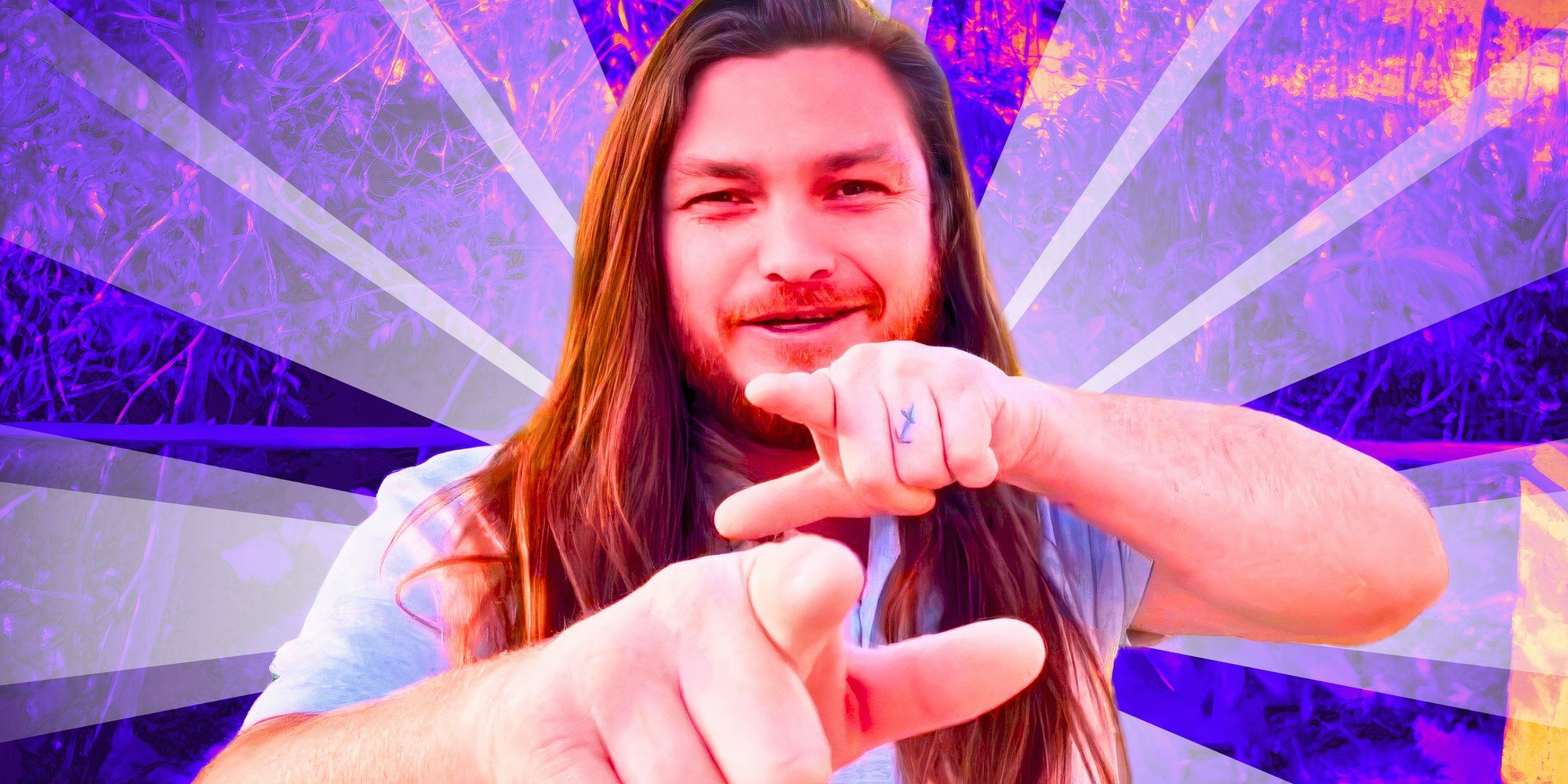 image of 90 Day Fiancé's Syngin Colchester pointing fingers with purple background