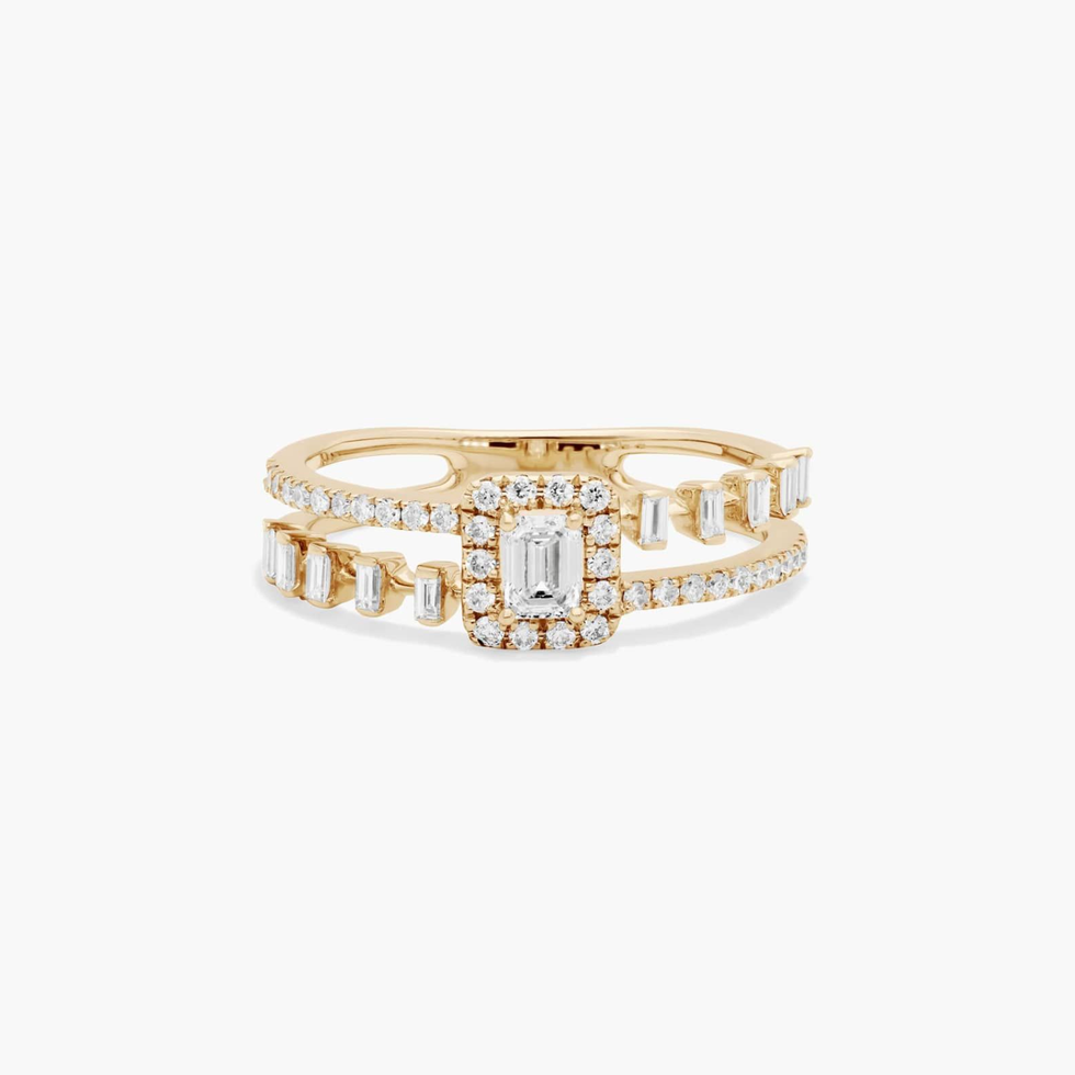 14K Yellow Gold Double Row Emerald Cut Diamond Ring