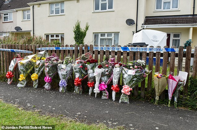 Flowers outside the house where Ms Rushton was killed in 2019